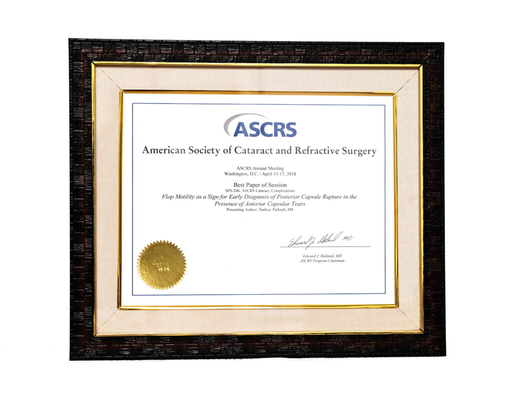 Best Paper of Session, American Society of Cataract & Refractive Surgery 2018